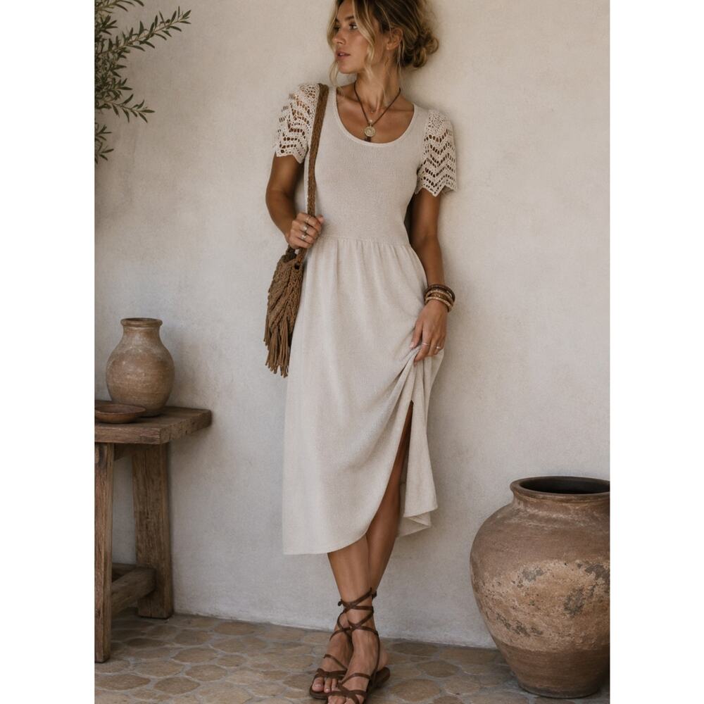 St John Cream Santana Knit Bodycon Dress Womens XS Boho Cottage Core Crochet